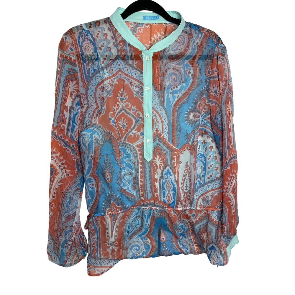 J. McLaughlin Paisley Sheer‎ Tie Tunic Top Womens Size 10 Beachy Office Blouse